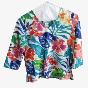 Alfred Dunner Womens Petite PS V-Neck Floral Print Top 3/4 Sleeve Tropical Print
